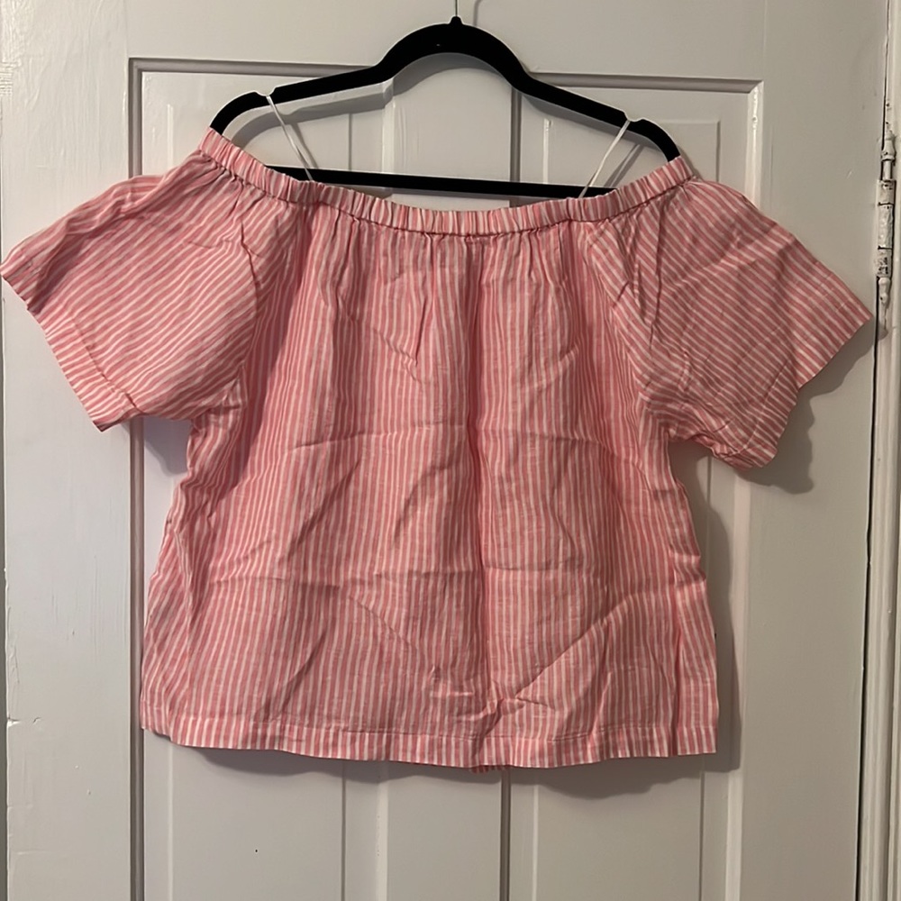 J.Crew Factory Pink & White Striped Linen Off the Shoulder Top - Picture 4 of 4